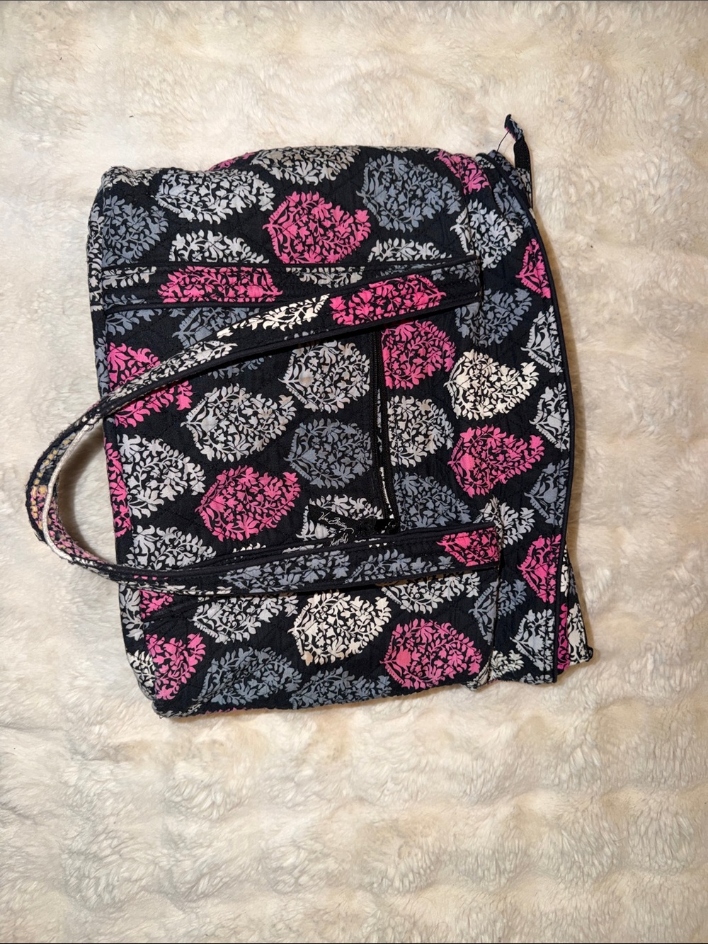 Vera Bradley Black Quilted Tote with Pink & Gray Floral Medallions